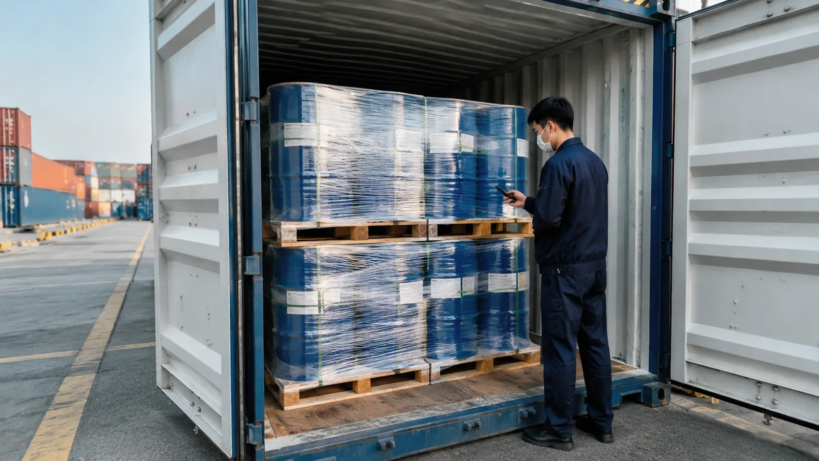 Palletized drums loaded in an export container at the terminal