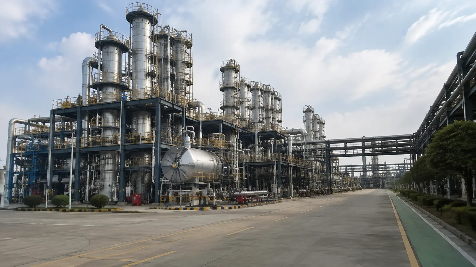Partner manufacturing plant with stainless steel reactor towers and pipe racks