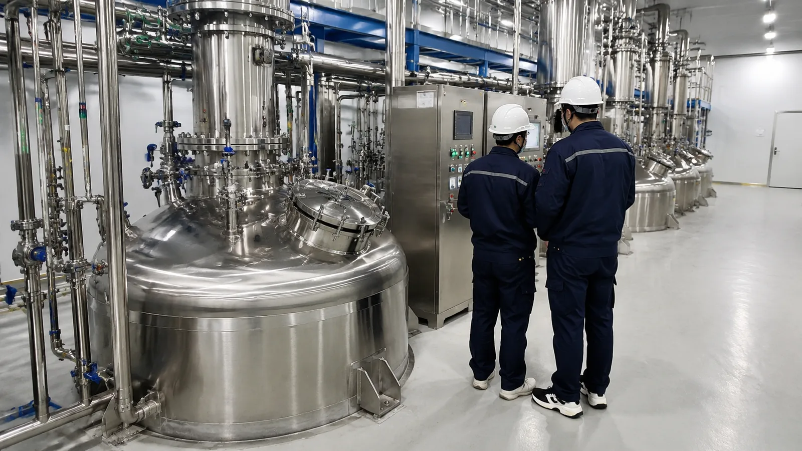 Technicians checking stainless steel reactors inside the production hall