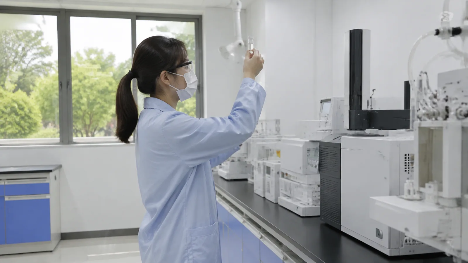 QC technician inspecting an emulsifier sample vial in the quality control laboratory