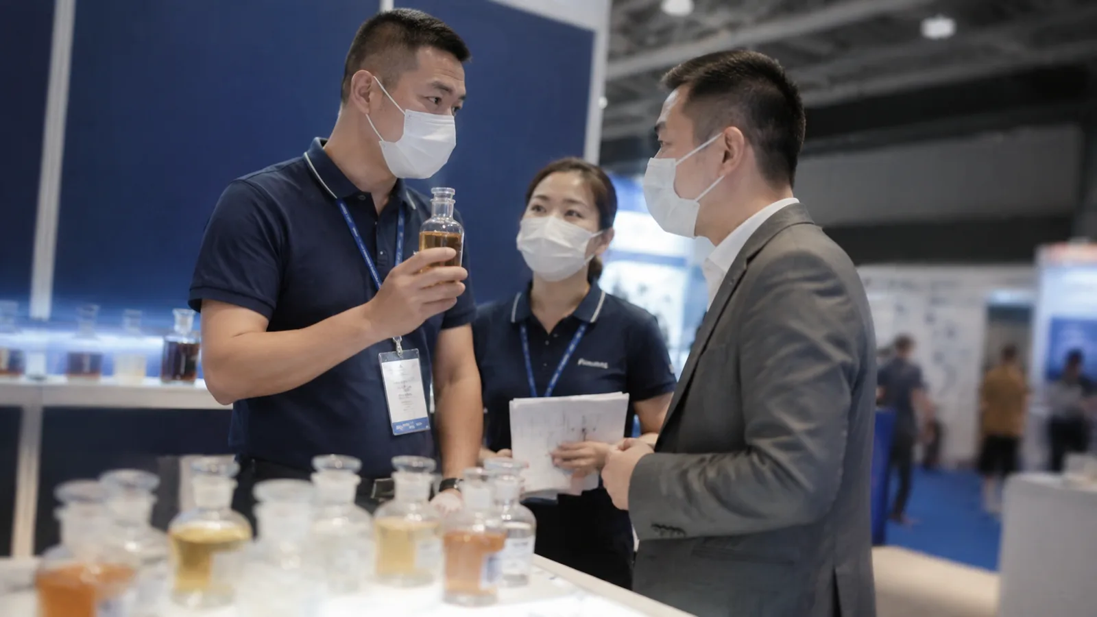 Vista booth at an international chemical industry exhibition, sample display counter with visitors