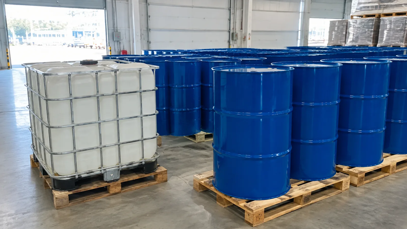 Export packaging: 200-liter steel drums and IBC totes palletized in the warehouse